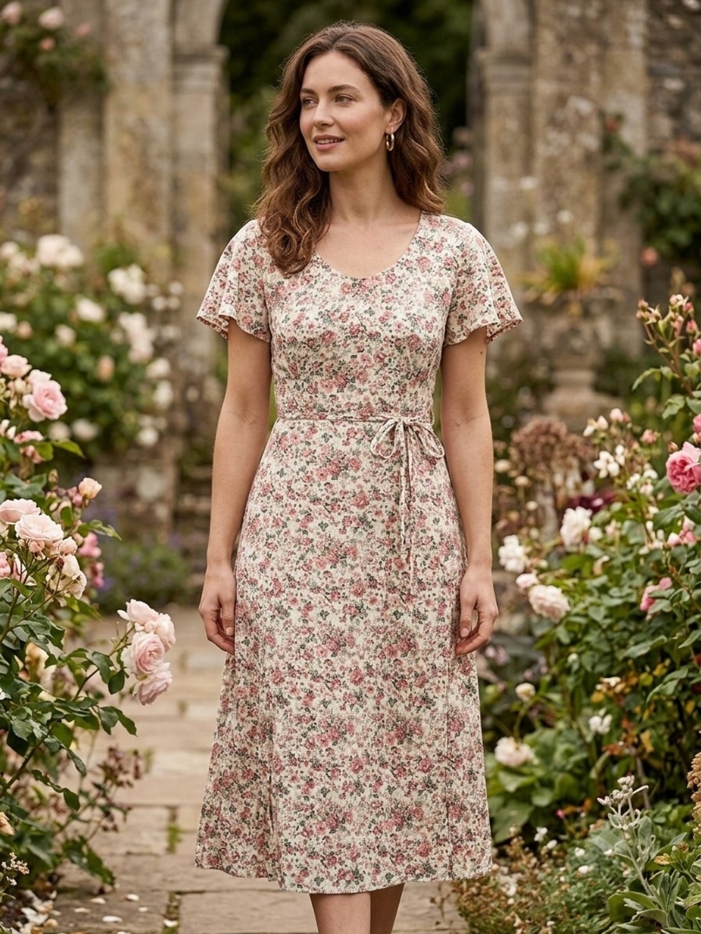 Scattered Rose Tie-Waist Midi Dress in Pink Floral